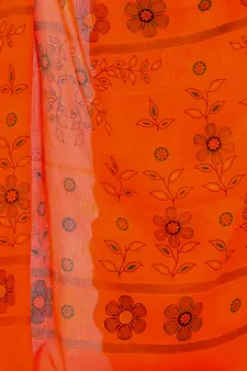 Orange hand woven cotton saree with blouse