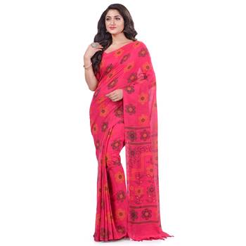 Pink hand woven cotton saree with blouse 1