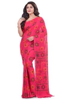 Pink hand woven cotton saree with blouse