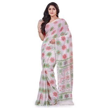White hand woven cotton saree with blouse 1