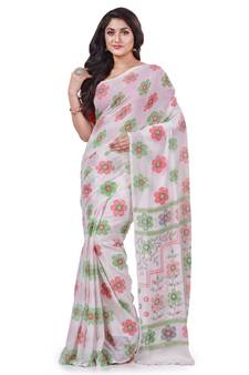 White hand woven cotton saree with blouse