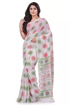 White hand woven cotton saree with blouse