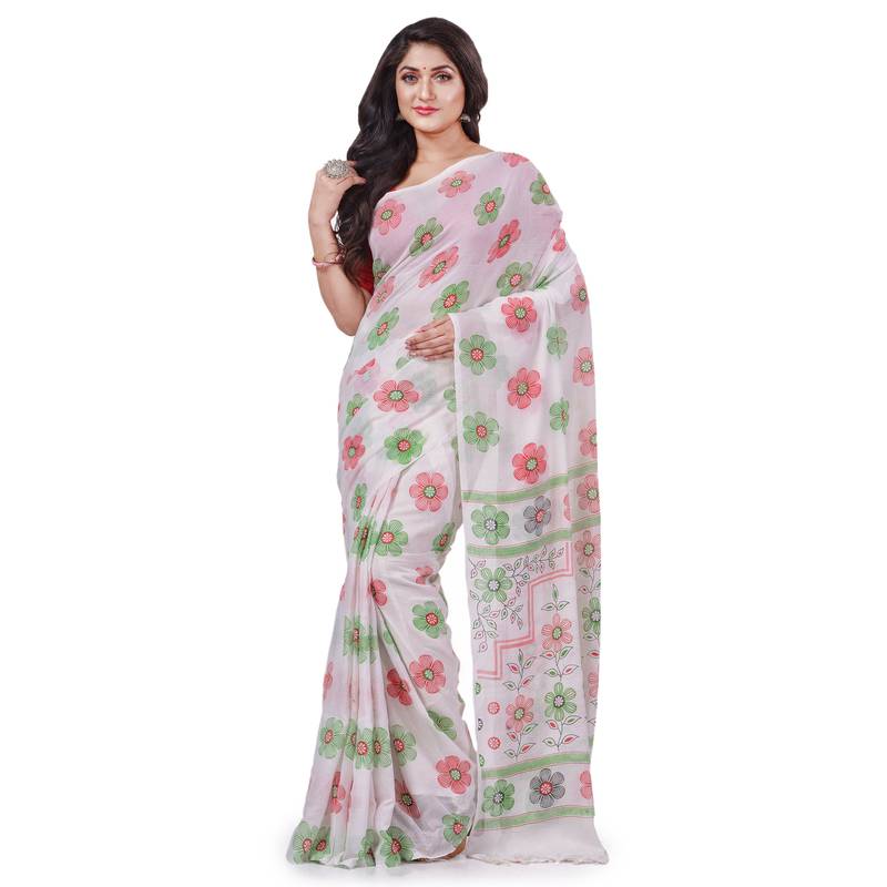 White hand woven cotton saree with blouse