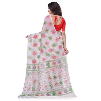White hand woven cotton saree with blouse 2