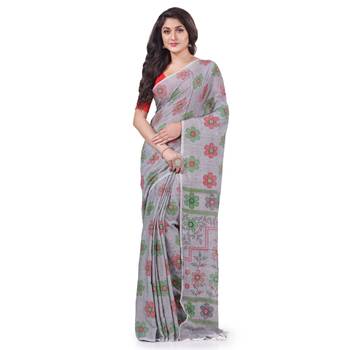 Grey hand woven cotton saree with blouse 1