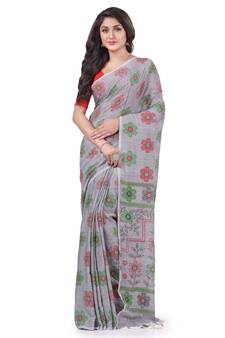 Grey hand woven cotton saree with blouse