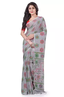Grey hand woven cotton saree with blouse