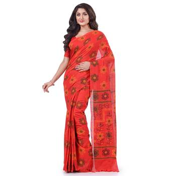 Red hand woven cotton saree with blouse 1