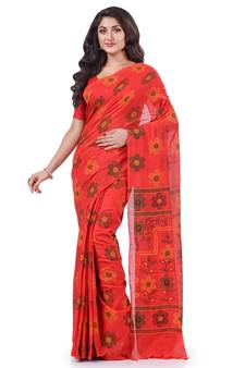 Red hand woven cotton saree with blouse