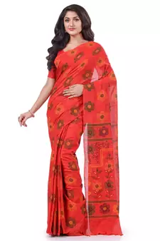 Red hand woven cotton saree with blouse