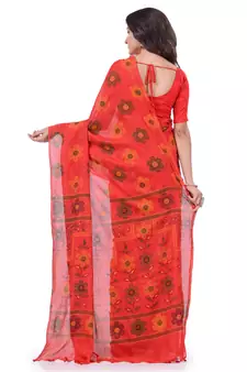 Red hand woven cotton saree with blouse