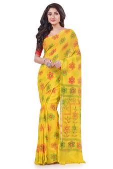 Yellow hand woven cotton saree with blouse