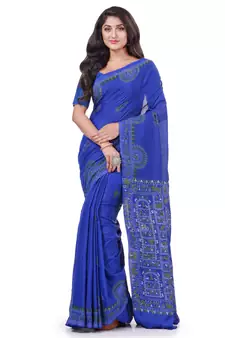 Blue hand woven cotton saree with blouse