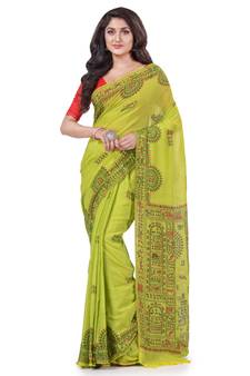 Green hand woven cotton saree with blouse