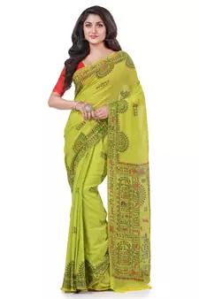 Green hand woven cotton saree with blouse