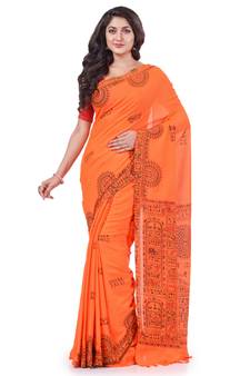 Orange hand woven cotton saree with blouse