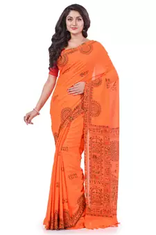 Orange hand woven cotton saree with blouse