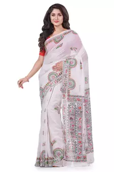 White hand woven cotton saree with blouse