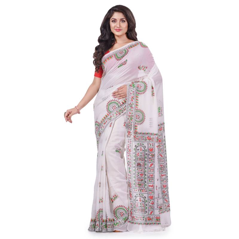 White hand woven cotton saree with blouse