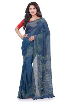 Dark blue hand woven cotton saree with blouse