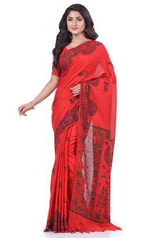 Red hand woven cotton saree with blouse