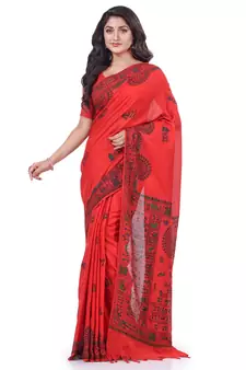 Red hand woven cotton saree with blouse