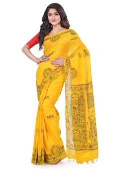 Yellow hand woven cotton saree with blouse