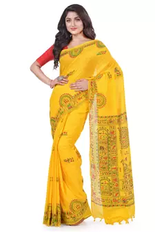 Yellow hand woven cotton saree with blouse