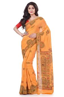 Light orange hand woven cotton saree with blouse