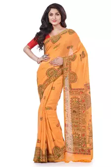 Light orange hand woven cotton saree with blouse