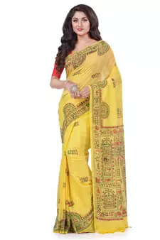 Light yellow hand woven cotton saree with blouse