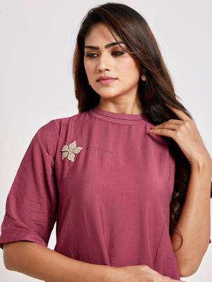 Pink embroidered viscose rayon long-dresses 4