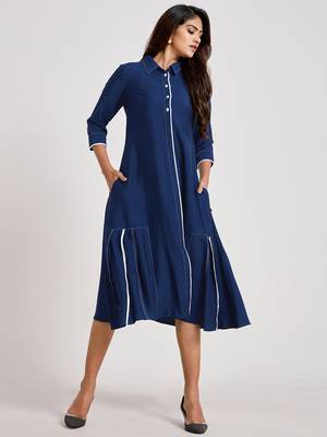 Navy-blue plain viscose rayon long-dresses 1