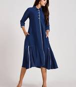 Navy-blue plain viscose rayon long-dresses