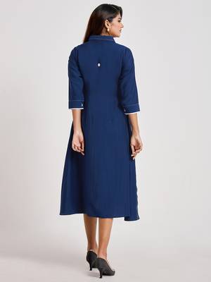 Navy-blue plain viscose rayon long-dresses 2
