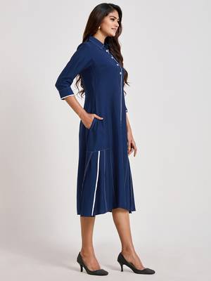 Navy-blue plain viscose rayon long-dresses 3