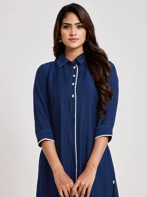 Navy-blue plain viscose rayon long-dresses 4