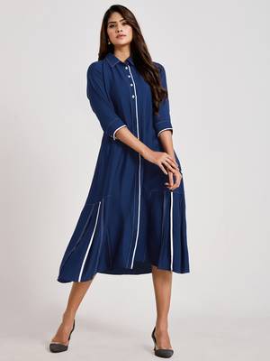 Navy-blue plain viscose rayon long-dresses 5