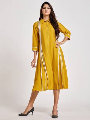 Mustard plain viscose rayon long-dresses 1