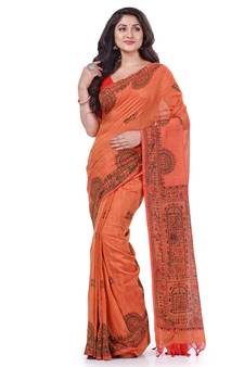 Orange hand woven cotton saree with blouse
