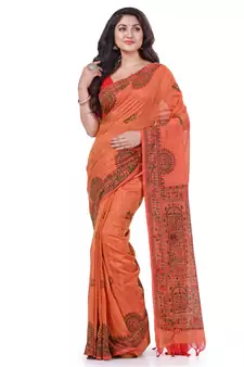 Orange hand woven cotton saree with blouse