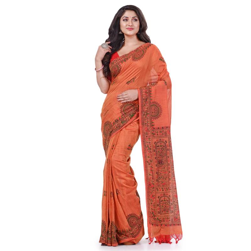 Orange hand woven cotton saree with blouse
