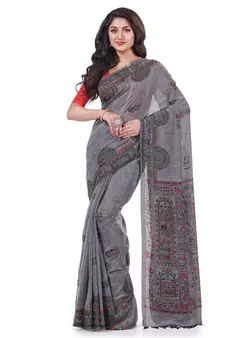 Grey hand woven cotton saree with blouse