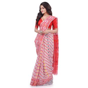 White Woven Cotton Saree Without Blouse 2
