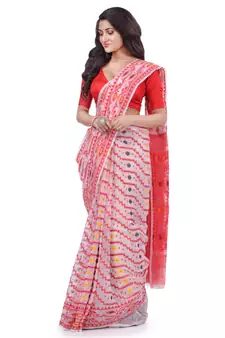 White Woven Cotton Saree Without Blouse