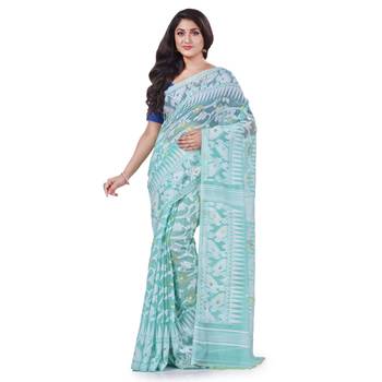 Turquoise Blue Woven Cotton Saree Without Blouse 1