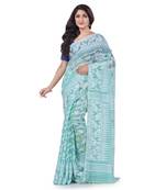 Turquoise Blue Woven Cotton Saree Without Blouse