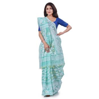 Turquoise Blue Woven Cotton Saree Without Blouse 2