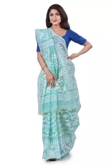 Turquoise Blue Woven Cotton Saree Without Blouse