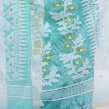 Turquoise Blue Woven Cotton Saree Without Blouse 3